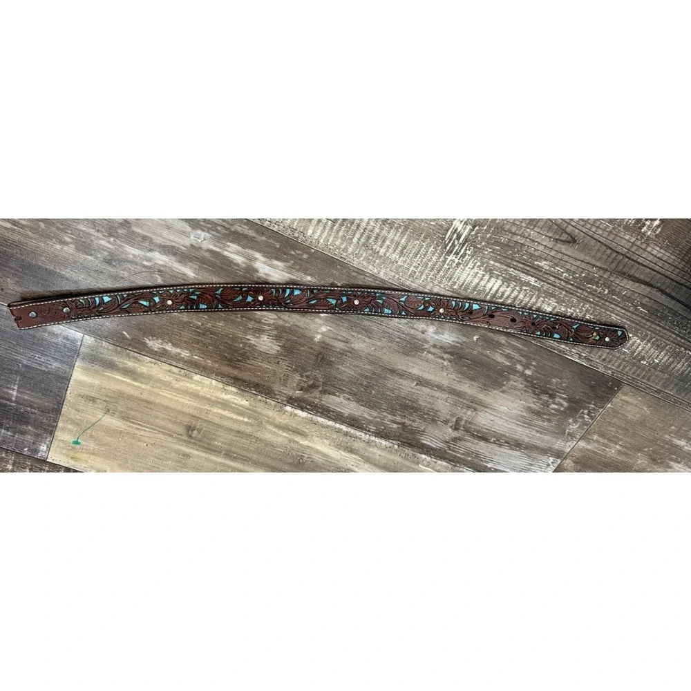 Ariat Floral Tooled Leather Belt Turquoise Inlay Rhinestone Western Women's 22